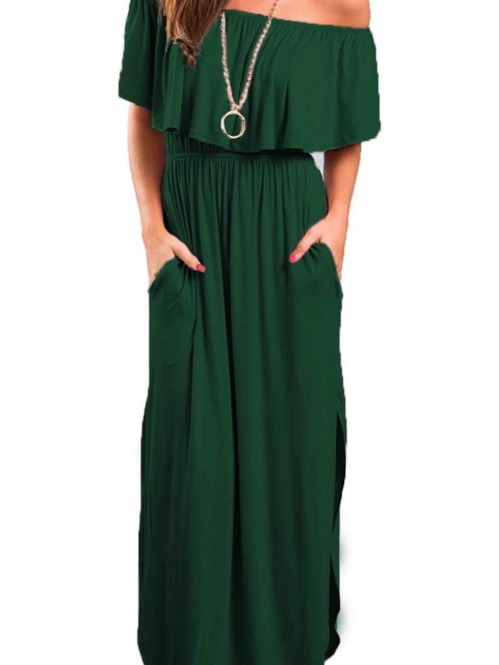 Off-Shoulder Maxi Dress in Deep Green with Pockets